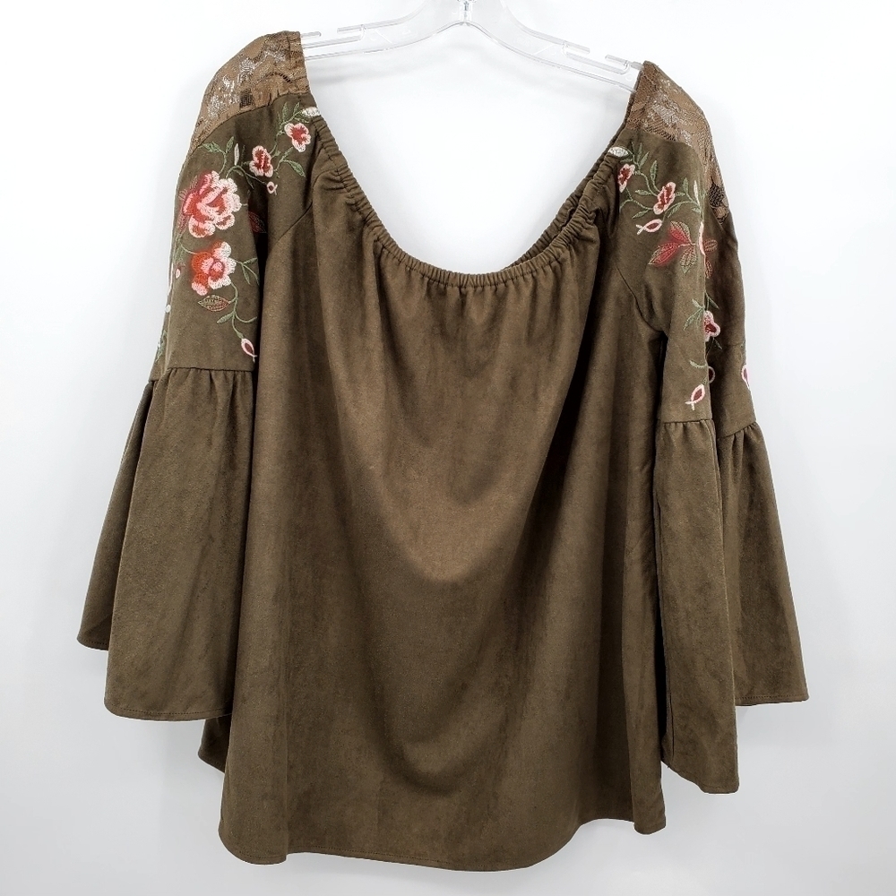 Umgee Olive Green Floral Embroidered Bell Sleeve Oversized Top - Picture 2 of 9